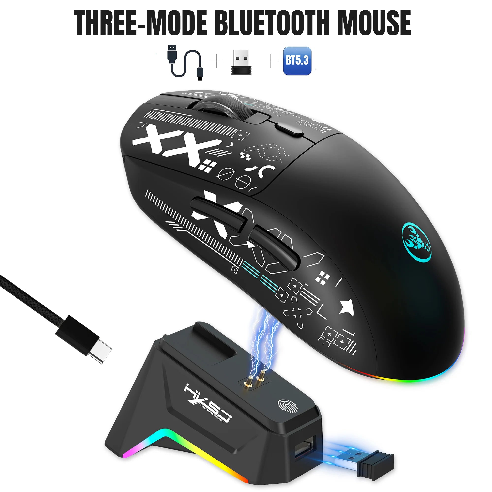 HXSJ T90Pro RGB Backlit Wireless Gaming Mouse with Charging Base Triple Mode 1K Optical Ergonomic Mouse for Esports