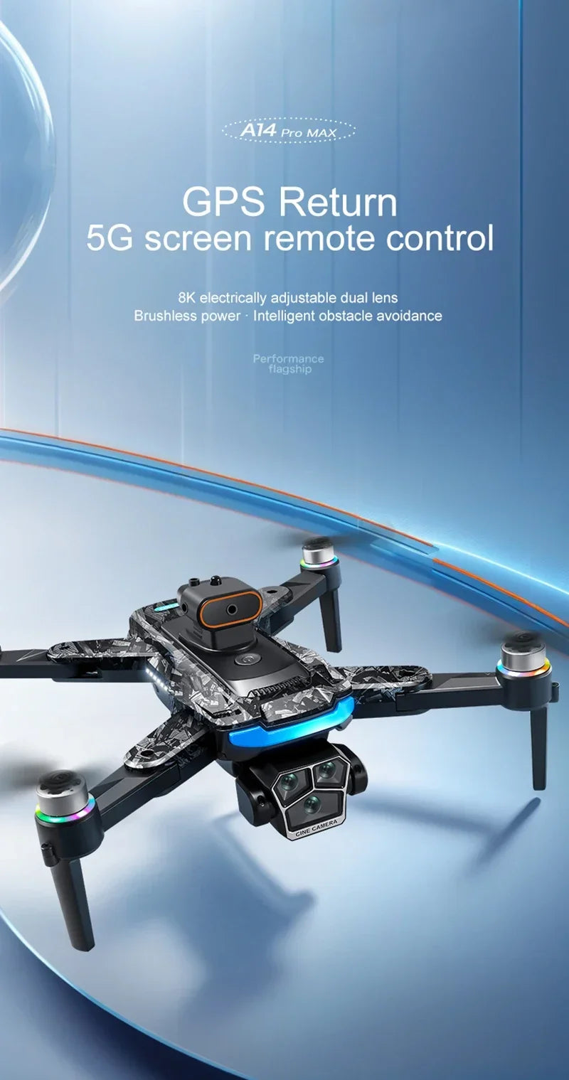 Xiaomi A14Pro Max Drone 8K HD Three Camera GPS Brushless Optical Flow Obstacle Avoidance 4.5-inch large screen UAV RC 18000M