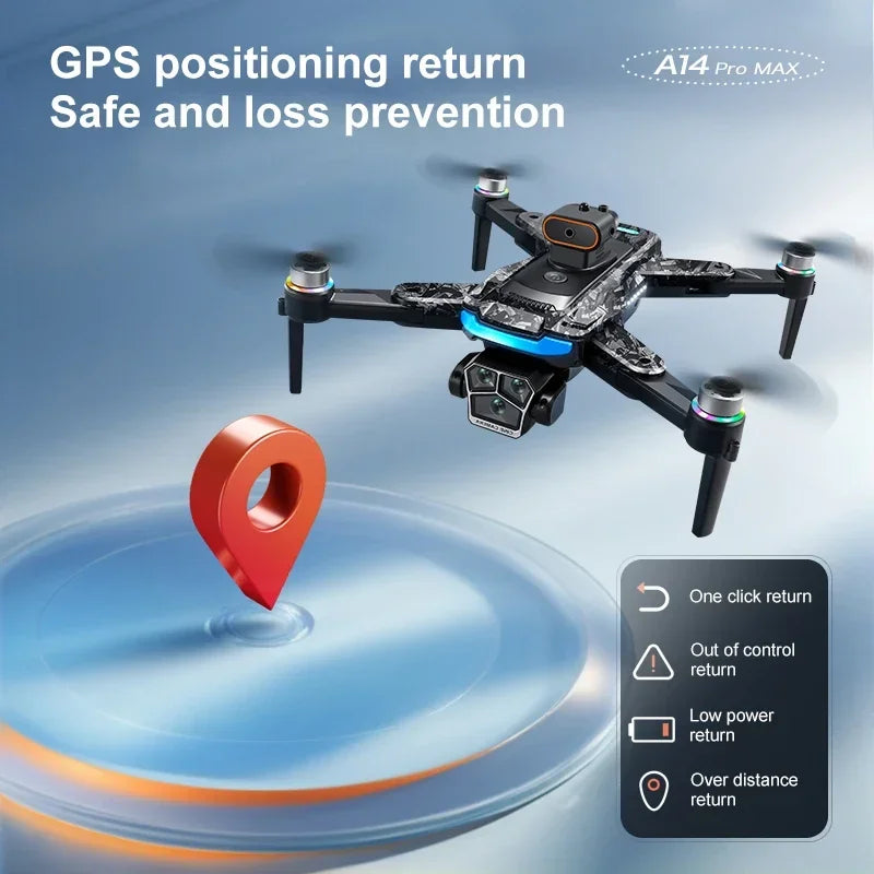 Xiaomi A14Pro Max Drone 8K HD Three Camera GPS Brushless Optical Flow Obstacle Avoidance 4.5-inch large screen UAV RC 18000M
