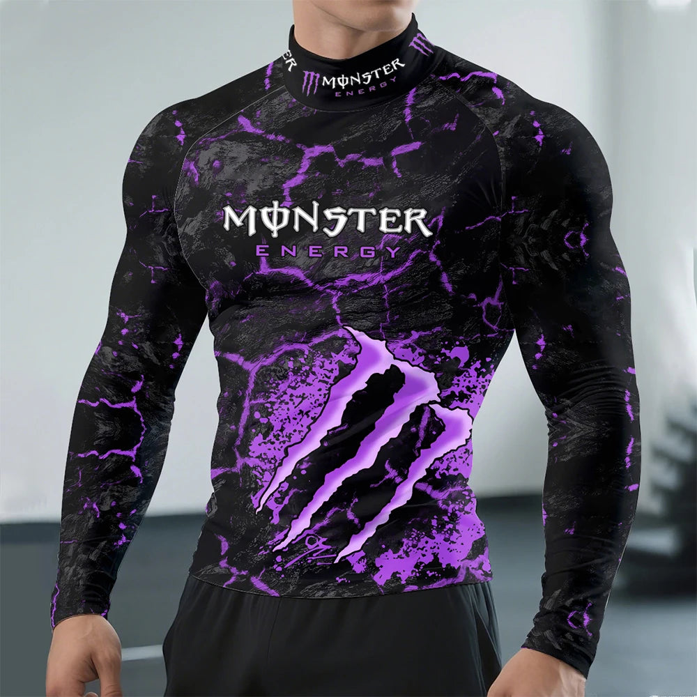 2025 New Monster Energy Men's Half High Collar Long Sleeve T-shirt Cool Crack Printed Sports Passion Dynamic Street Vitality