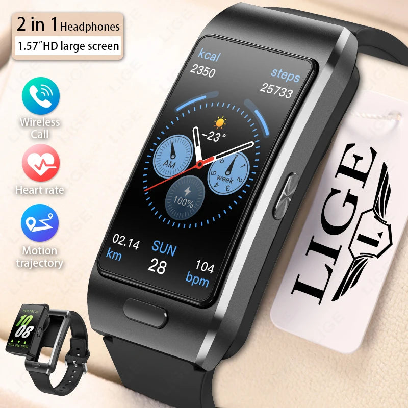 LIGE 2 In 1 TWS Headset Smart Watch 1.57" Men Women GPS Sports Fitness ECG Heart Rate Watches Bluetooth Call Music Smartwatch
