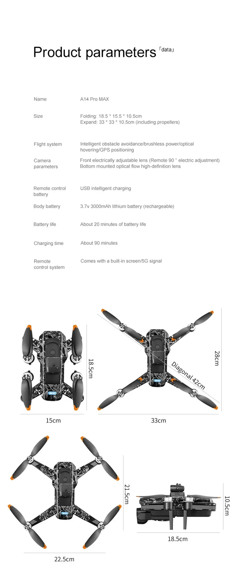 Xiaomi A14Pro Max Drone 8K HD Three Camera GPS Brushless Optical Flow Obstacle Avoidance 4.5-inch large screen UAV RC 18000M