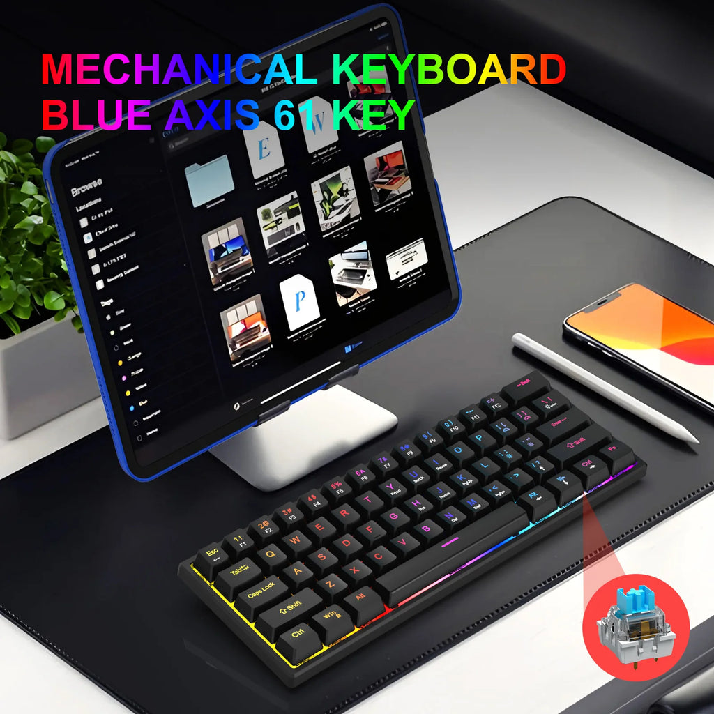 K61 Wired Cyan Axis Mechanical Keyboard RGB Colorful Backlit Ergonomic Design 61 Keys Mini Gaming Keyboard for PC Laptop Desktop