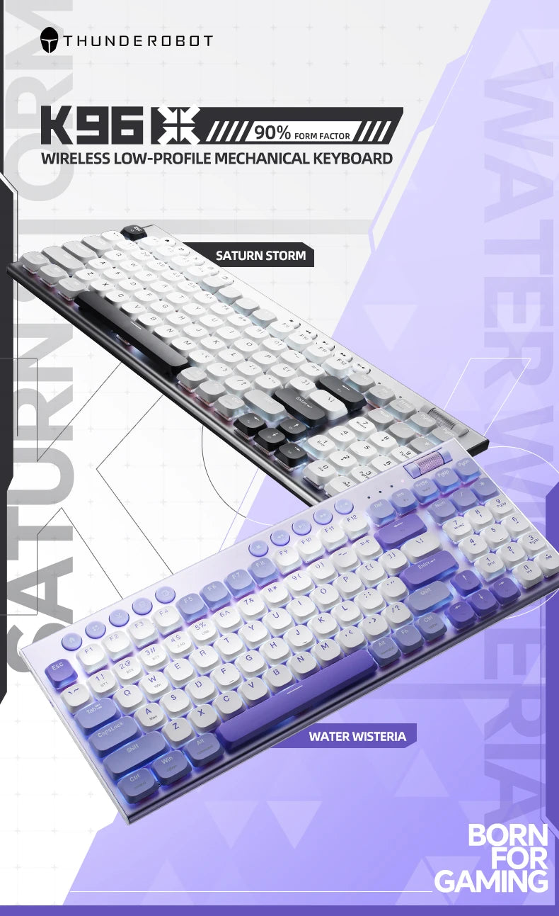 THUNDEROBOT K96 Wireless Mechanical Keyboard Low-profile Productivity Keyboard 98 Keys with Roller Marco Keys PBT Keycaps For PC