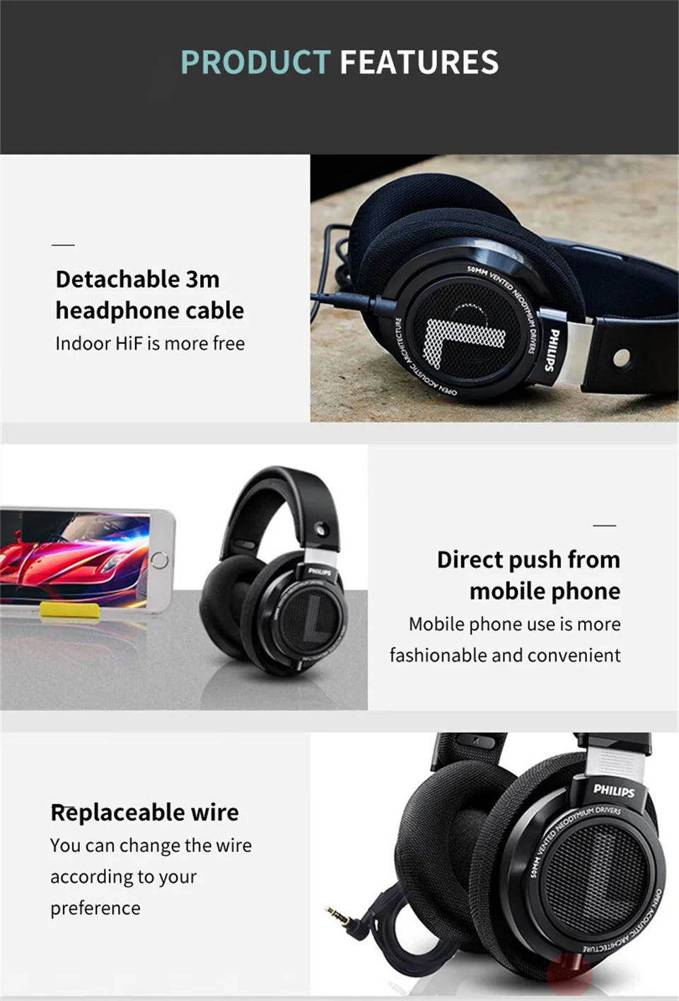 Philips SHP9500 Headphone HiFi Stereo Wired Earphone Computer Online Learning Earbuds Esports Game 3.5mm 6.3mm Universal Headset