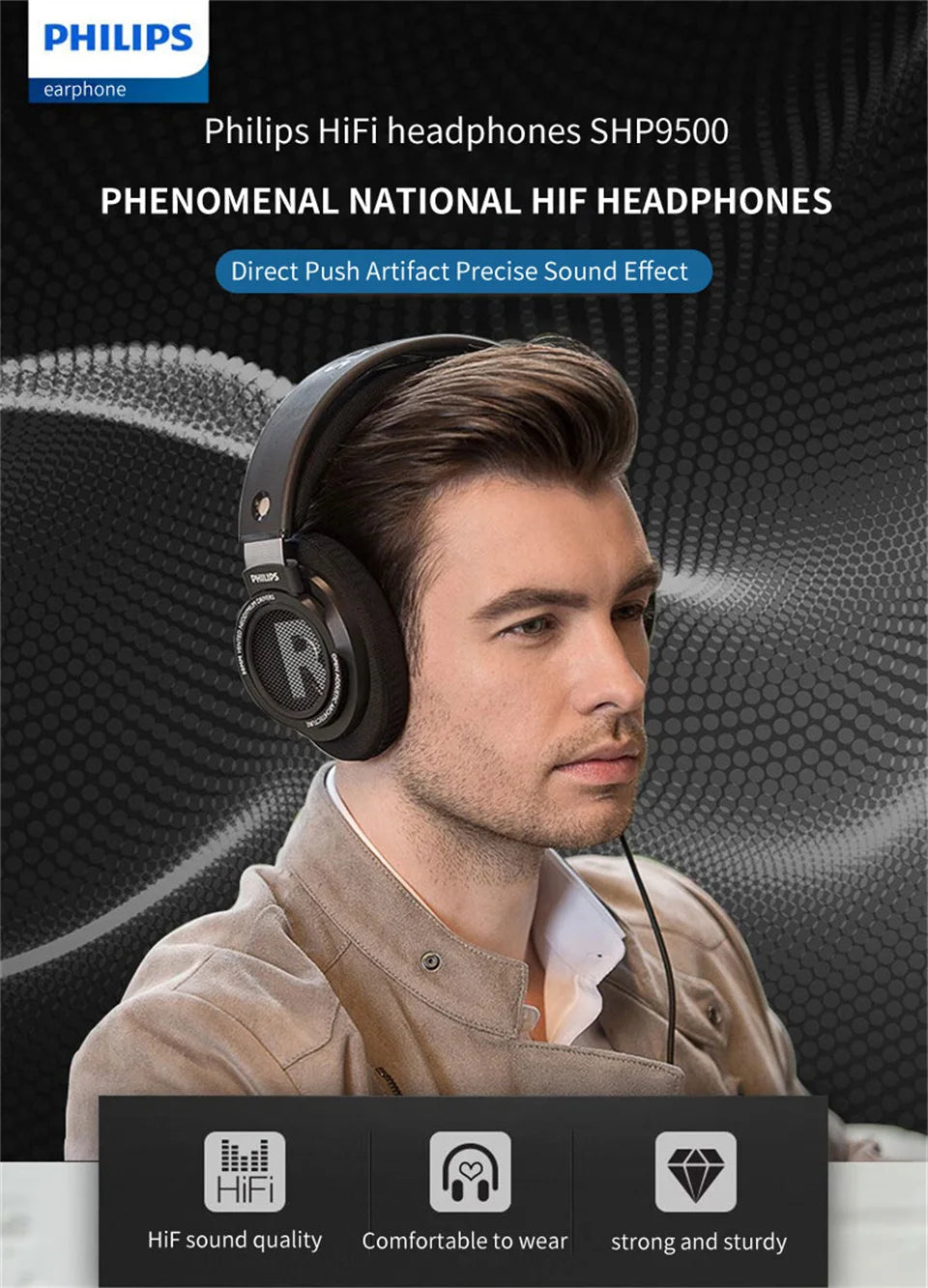 Philips SHP9500 Headphone HiFi Stereo Wired Earphone Computer Online Learning Earbuds Esports Game 3.5mm 6.3mm Universal Headset