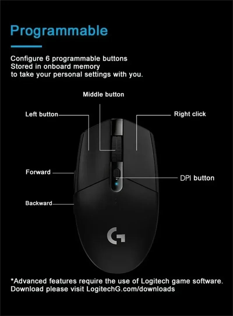 Original Logitech G304 Ligthspeed Wireless Gaming Mouse, Hero 12K Sensor, 12000DPI, 6 Programmable Buttons, Compatible PC MacOS