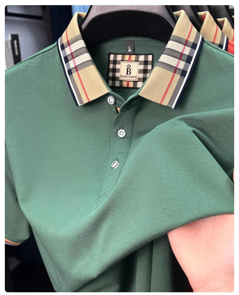 Luxury brand short sleeve polo shirt men's summer new silk cotton breathable fashion top casual business plaid lapel T-shirt