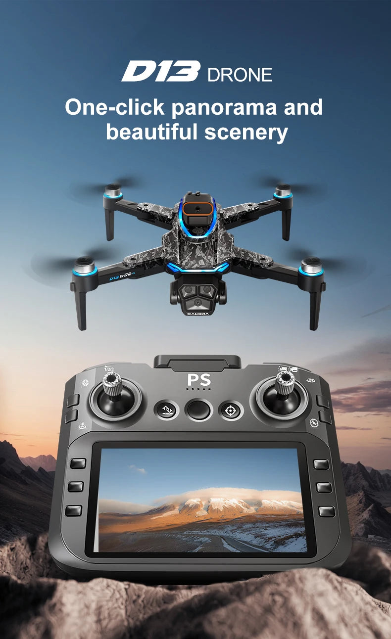 New D13 RC Drone 4K Professional HD Triple Camera 5G WIFI FPV Dron 360° Obstacle Avoidance Brushless Large Screen Quadcopter Toy