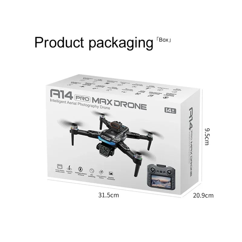 Xiaomi A14Pro Max Drone 8K HD Three Camera GPS Brushless Optical Flow Obstacle Avoidance 4.5-inch large screen UAV RC 18000M