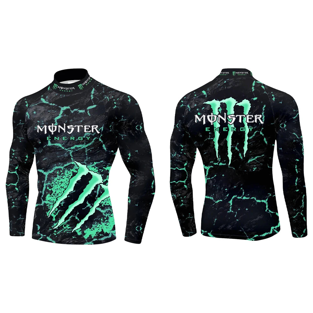 2025 New Monster Energy Men's Half High Collar Long Sleeve T-shirt Cool Crack Printed Sports Passion Dynamic Street Vitality