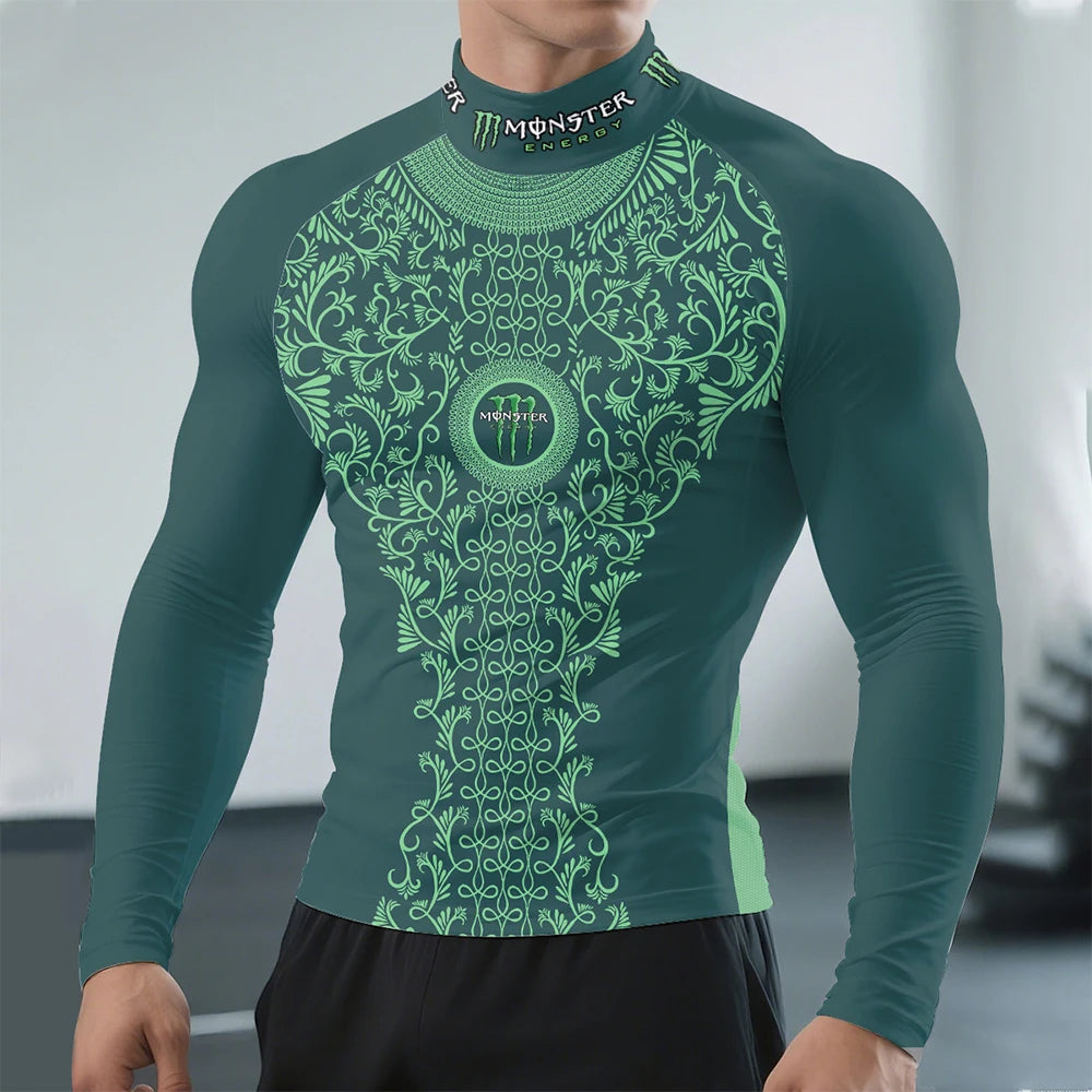 2025Monster Energy Men's Half High Collar Long Sleeve T-shirt Exquisite Vine Retro Style Sports Street Personalized Event Party