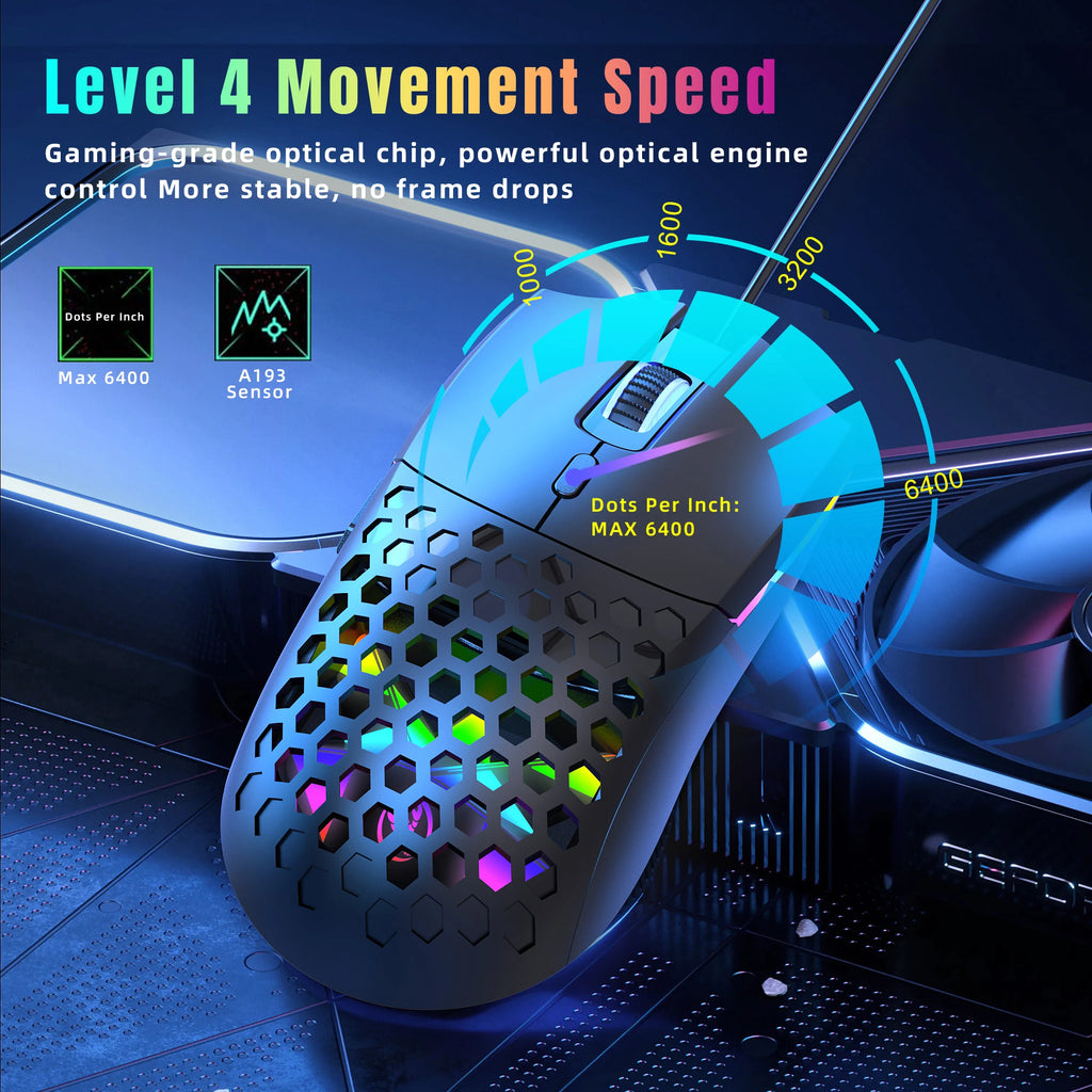 6 Keys Wired Gaming Mouse Honeycomb Hollow Design Colorful Backlight Adjustable 6400 DPI Mouse for Home office PC Gamer