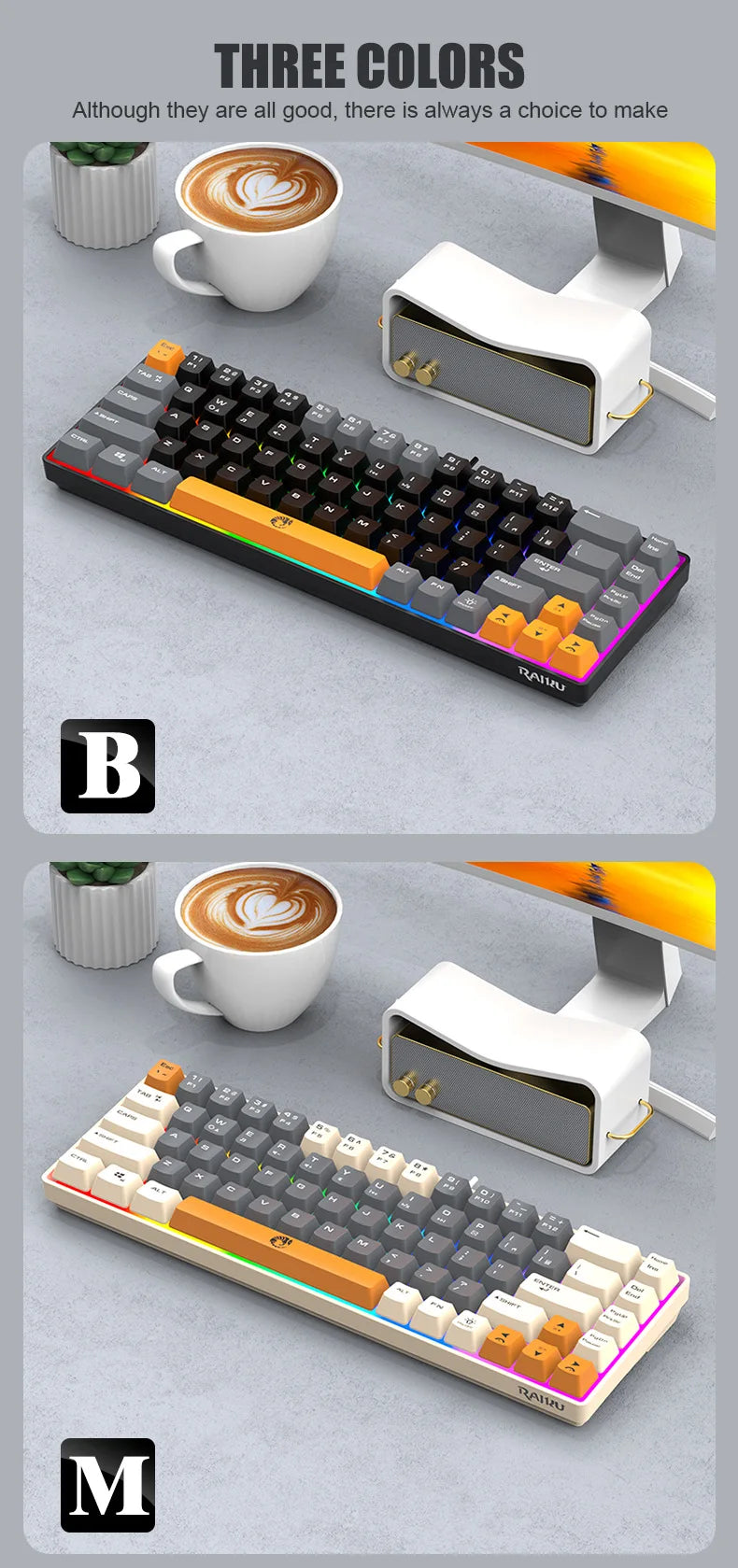 RAIKULei Kui K68 Wired Keyboard Three Color Customized Gaming Luminous Keyboard Mechanical Feel