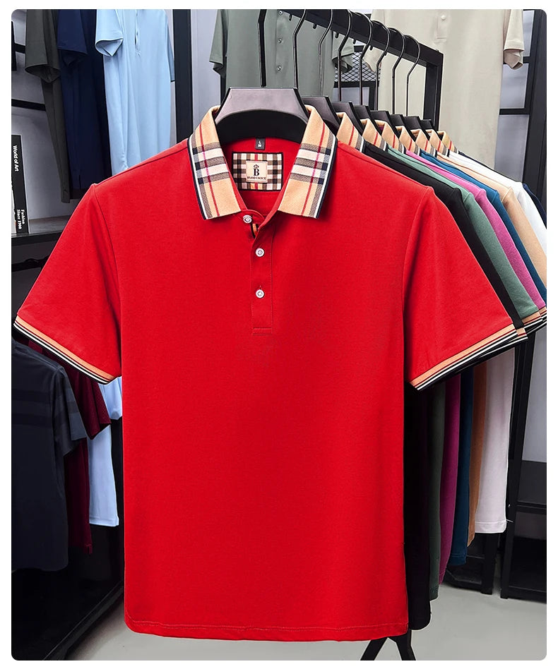 Luxury brand short sleeve polo shirt men's summer new silk cotton breathable fashion top casual business plaid lapel T-shirt