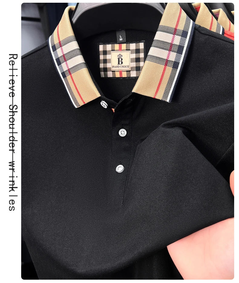 Luxury brand short sleeve polo shirt men's summer new silk cotton breathable fashion top casual business plaid lapel T-shirt