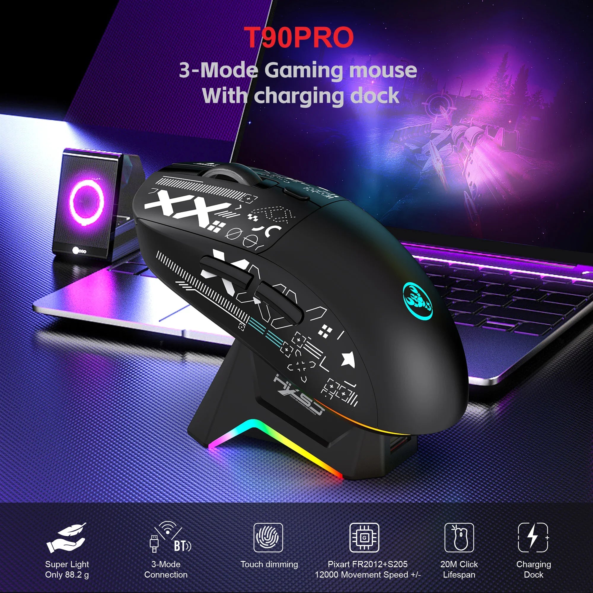 HXSJ T90Pro RGB Backlit Wireless Gaming Mouse with Charging Base Triple Mode 1K Optical Ergonomic Mouse for Esports