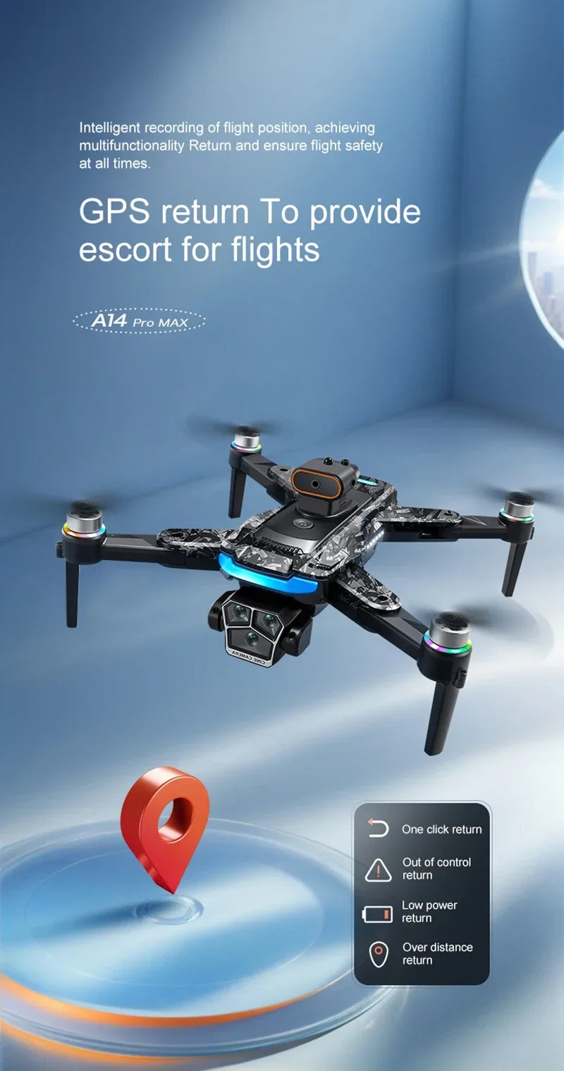 Xiaomi A14Pro Max Drone 8K HD Three Camera GPS Brushless Optical Flow Obstacle Avoidance 4.5-inch large screen UAV RC 18000M