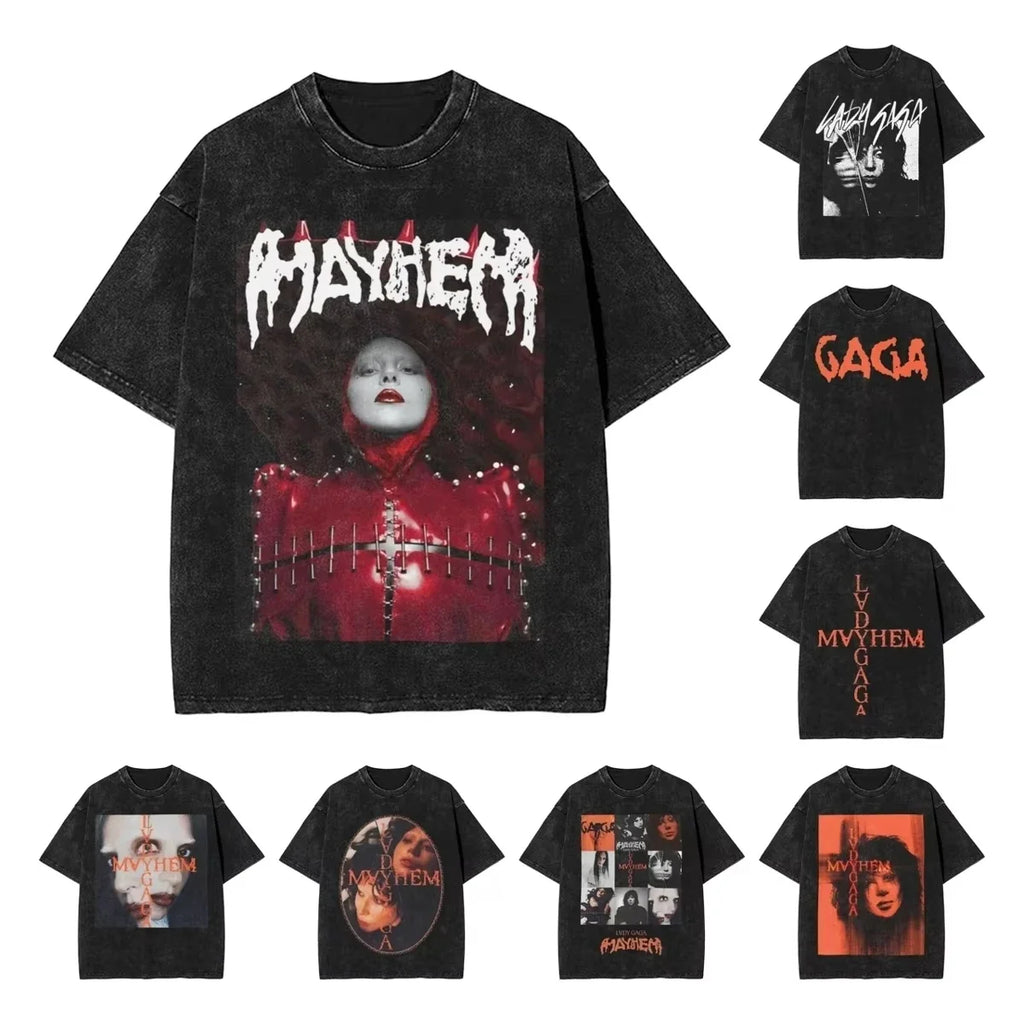 Washed T Shirts Lady Gaga Mayhem Hip Hop Retro Vintage High Street Streetwear Short Sleeve Print Tees Men's Women Tops Harajuku