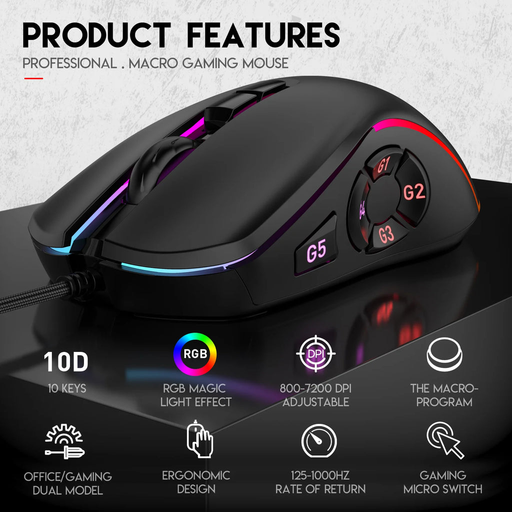 Wired Gaming Mouse with RGB Backlit, 7200 DPI Adjustable, Mouse with 10 Programmable Macro Buttons ,X9 Gaming Mouse
