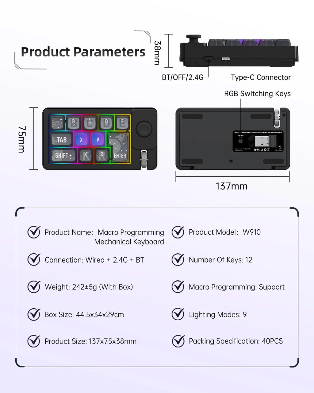 Wireless Mechanical Keyboard 2 Knob Bluetooth Keyboard RGB 12 Key Mini Button Gaming Keypad Mechanical Hot Swap Keyboard