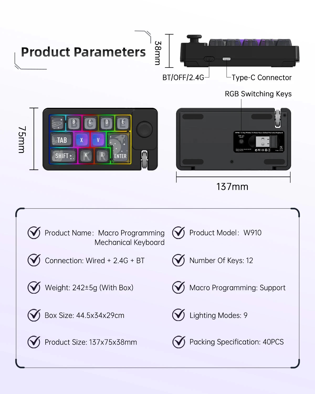 Wireless Mechanical Keyboard 2 Knob Bluetooth Keyboard RGB 12 Key Mini Button Gaming Keypad Mechanical Hot Swap Keyboard