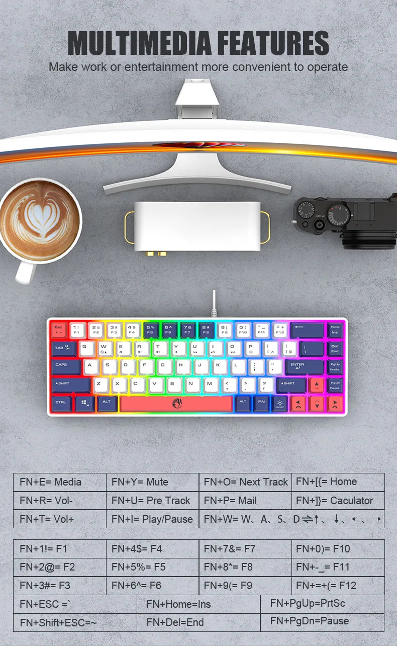 RAIKULei Kui K68 Wired Keyboard Three Color Customized Gaming Luminous Keyboard Mechanical Feel