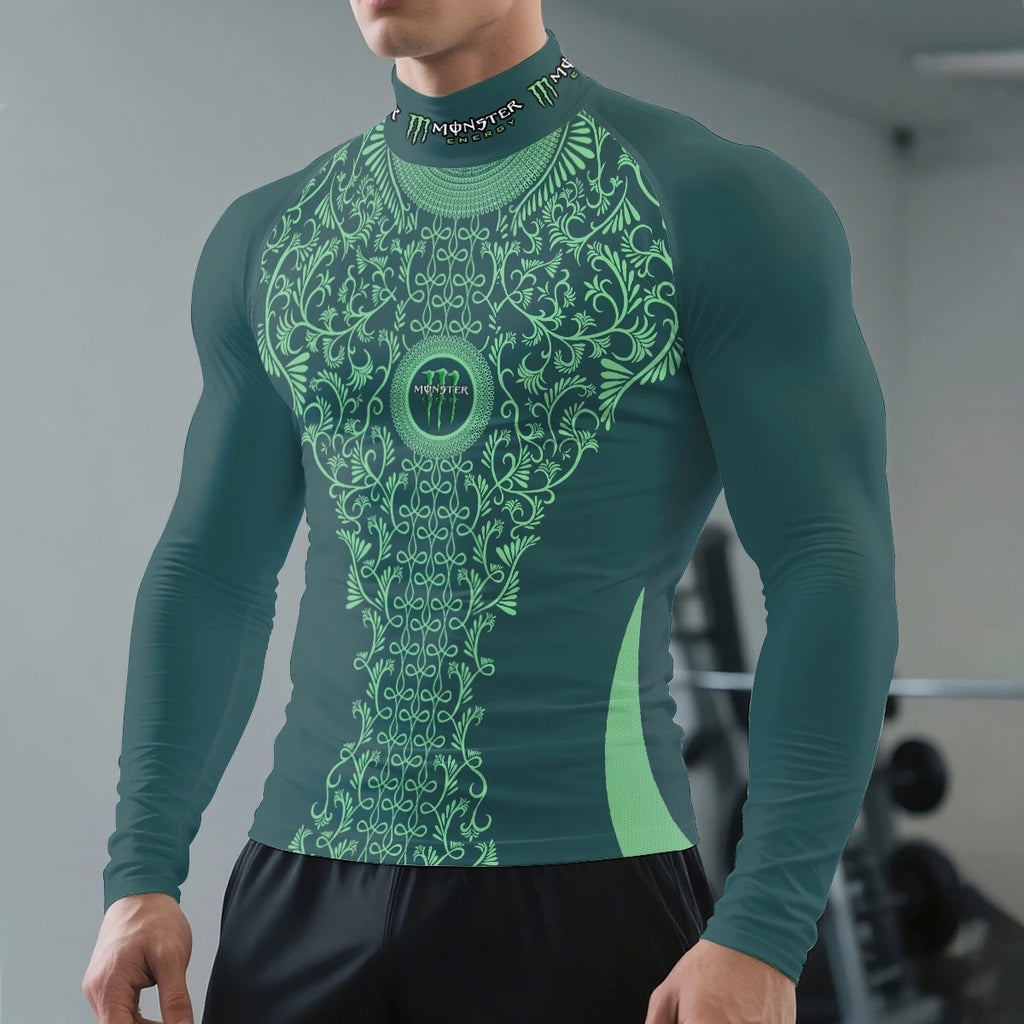 2025Monster Energy Men's Half High Collar Long Sleeve T-shirt Exquisite Vine Retro Style Sports Street Personalized Event Party