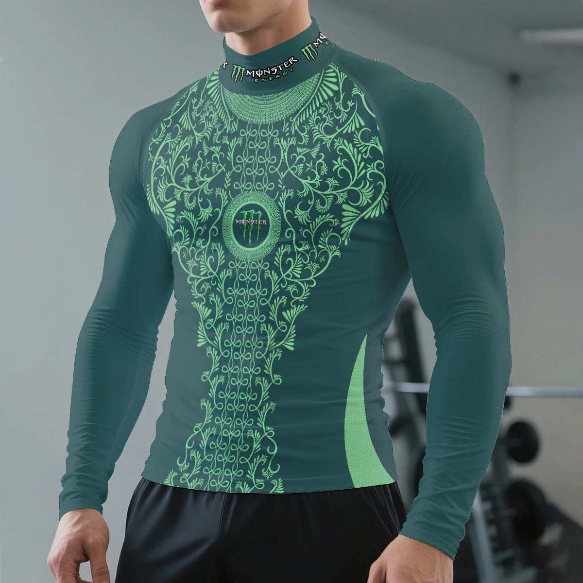 2025Monster Energy Men's Half High Collar Long Sleeve T-shirt Exquisite Vine Retro Style Sports Street Personalized Event Party