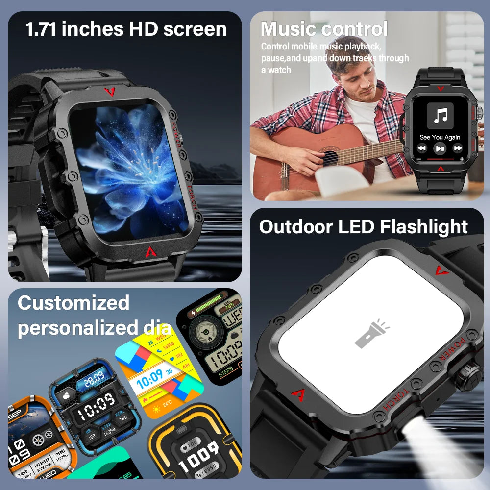 LAXASFIT New Outdoor Military Smartwatch Bluetooth Talking Smartwatch 1.73 Inch LED Sports Fitness Watch
