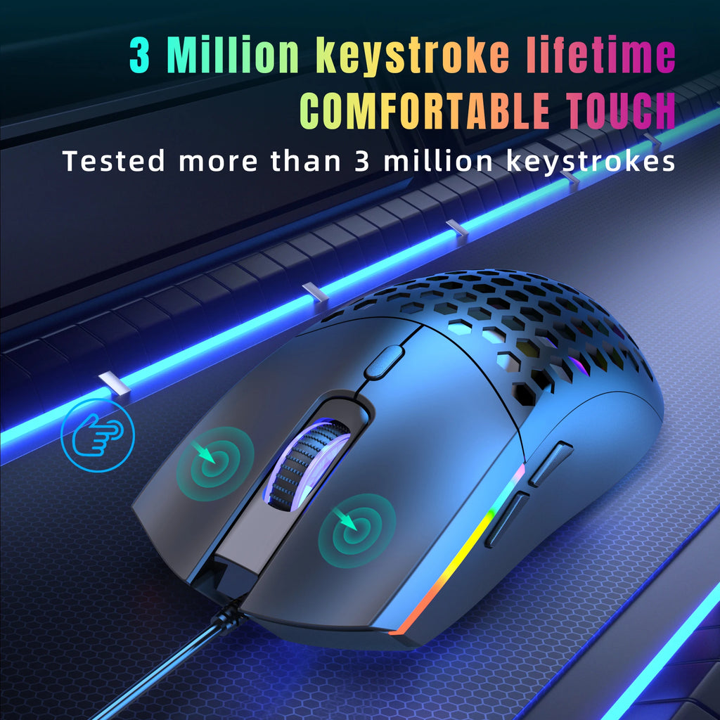 6 Keys Wired Gaming Mouse Honeycomb Hollow Design Colorful Backlight Adjustable 6400 DPI Mouse for Home office PC Gamer