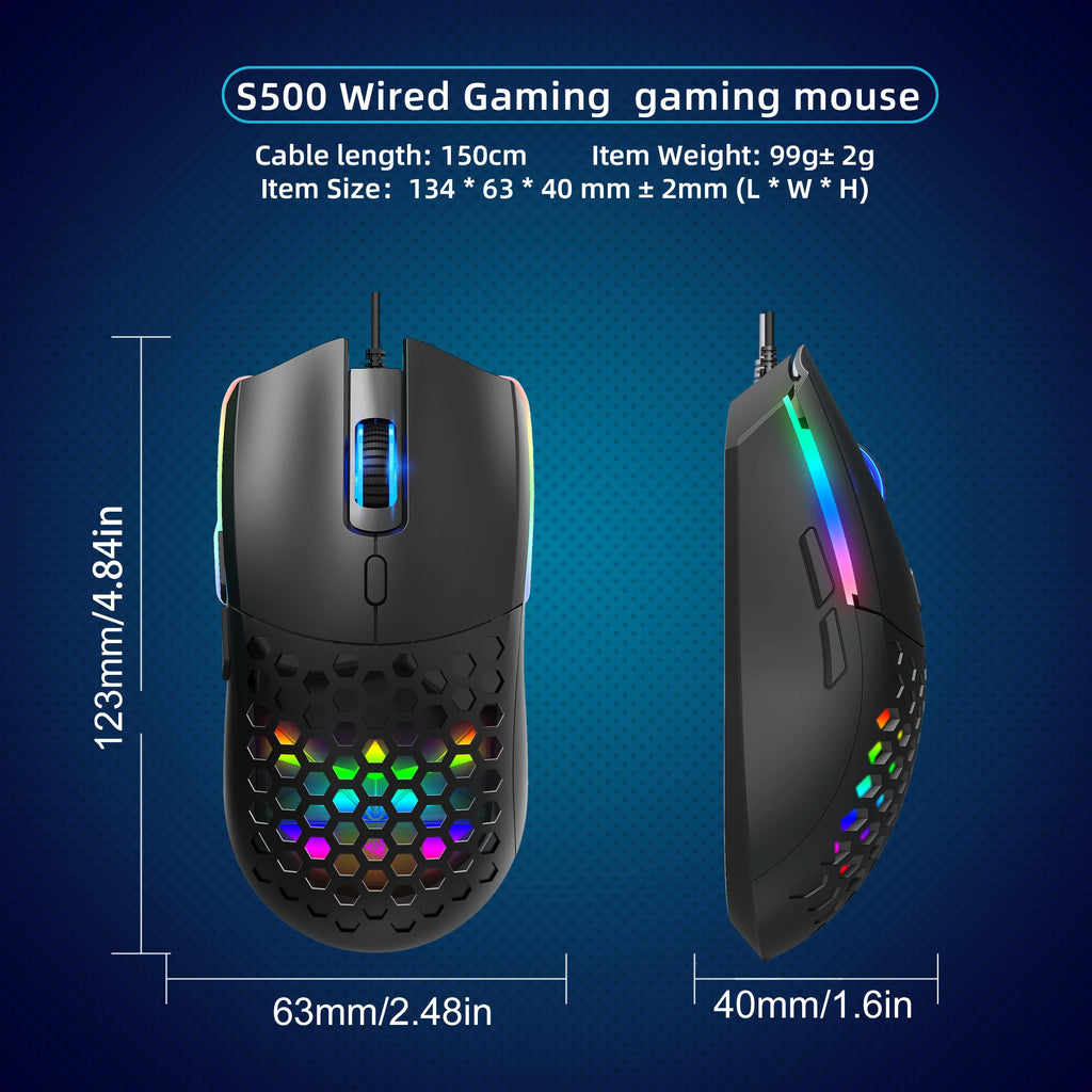 6 Keys Wired Gaming Mouse Honeycomb Hollow Design Colorful Backlight Adjustable 6400 DPI Mouse for Home office PC Gamer