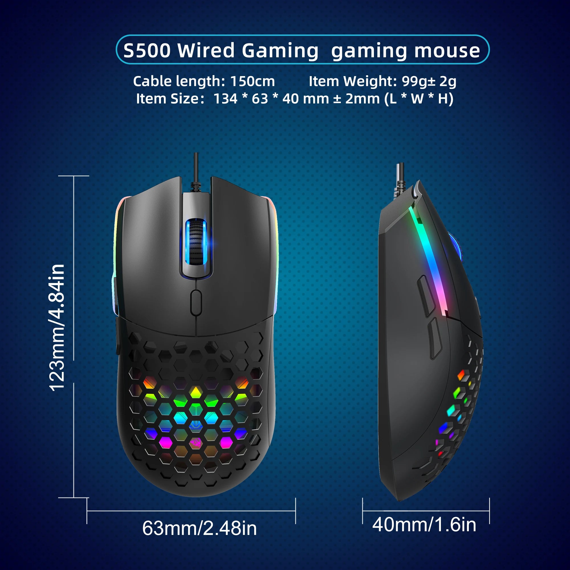 6 Keys Wired Gaming Mouse Honeycomb Hollow Design Colorful Backlight Adjustable 6400 DPI Mouse for Home office PC Gamer