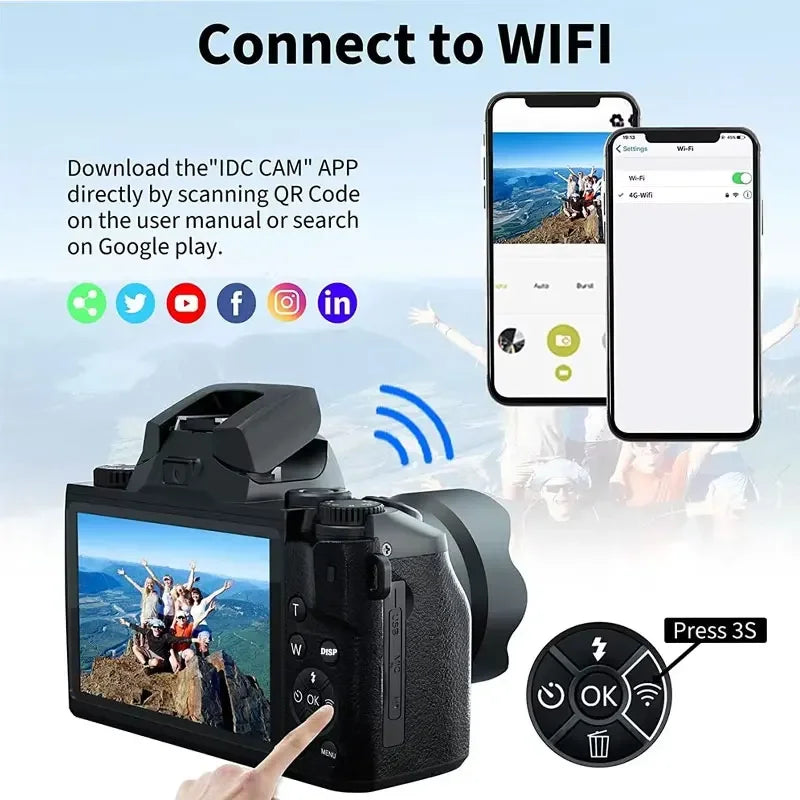 4K Digital Camera 64MP Auto Focus Lens Photography YouTube Ins Vlog Camcorder 4.0"Touch Screen 16X Zoom Optical Video Camera