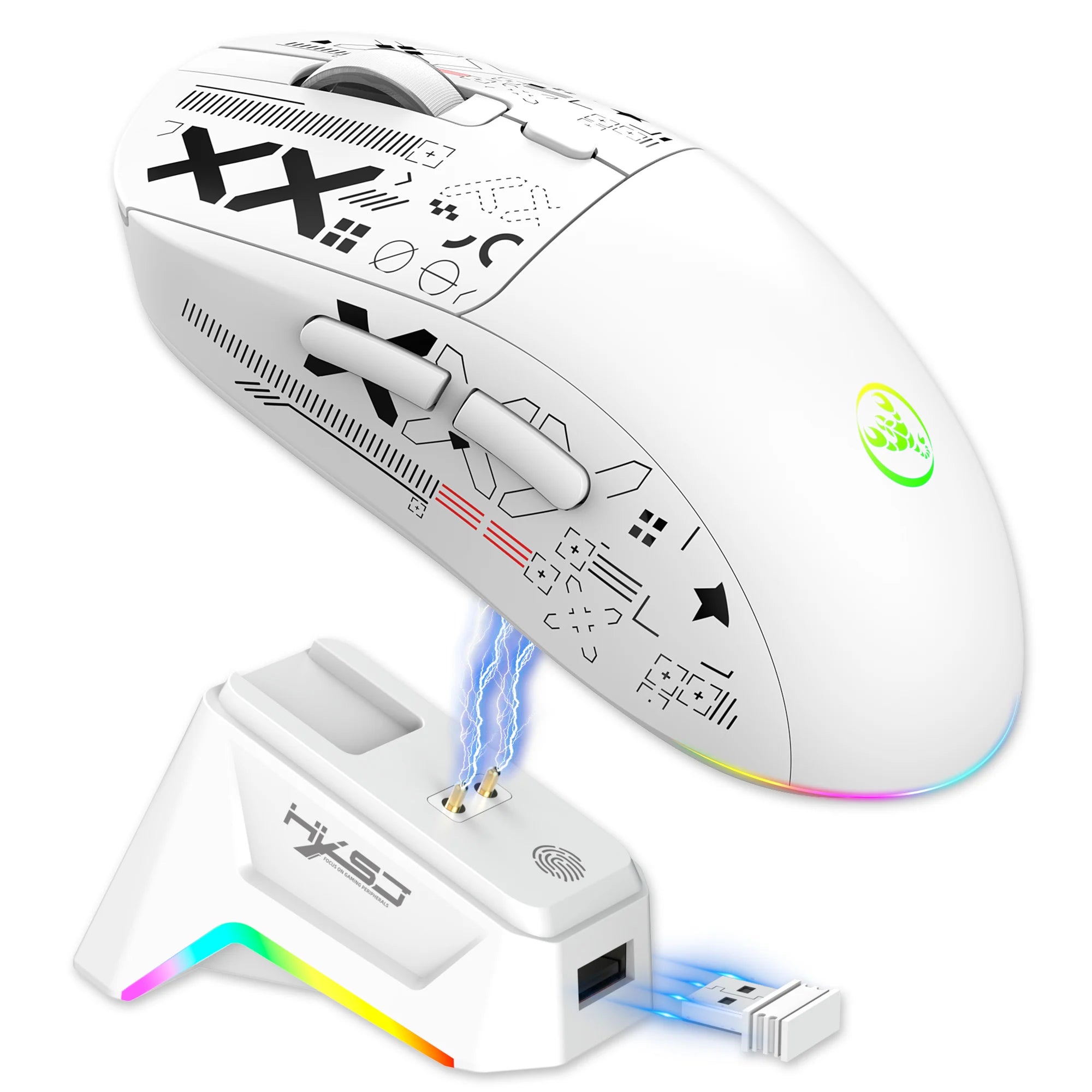 HXSJ T90Pro RGB Backlit Wireless Gaming Mouse with Charging Base Triple Mode 1K Optical Ergonomic Mouse for Esports