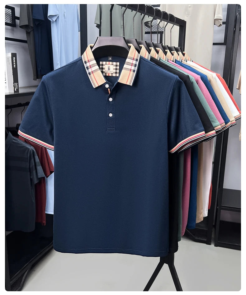 Luxury brand short sleeve polo shirt men's summer new silk cotton breathable fashion top casual business plaid lapel T-shirt