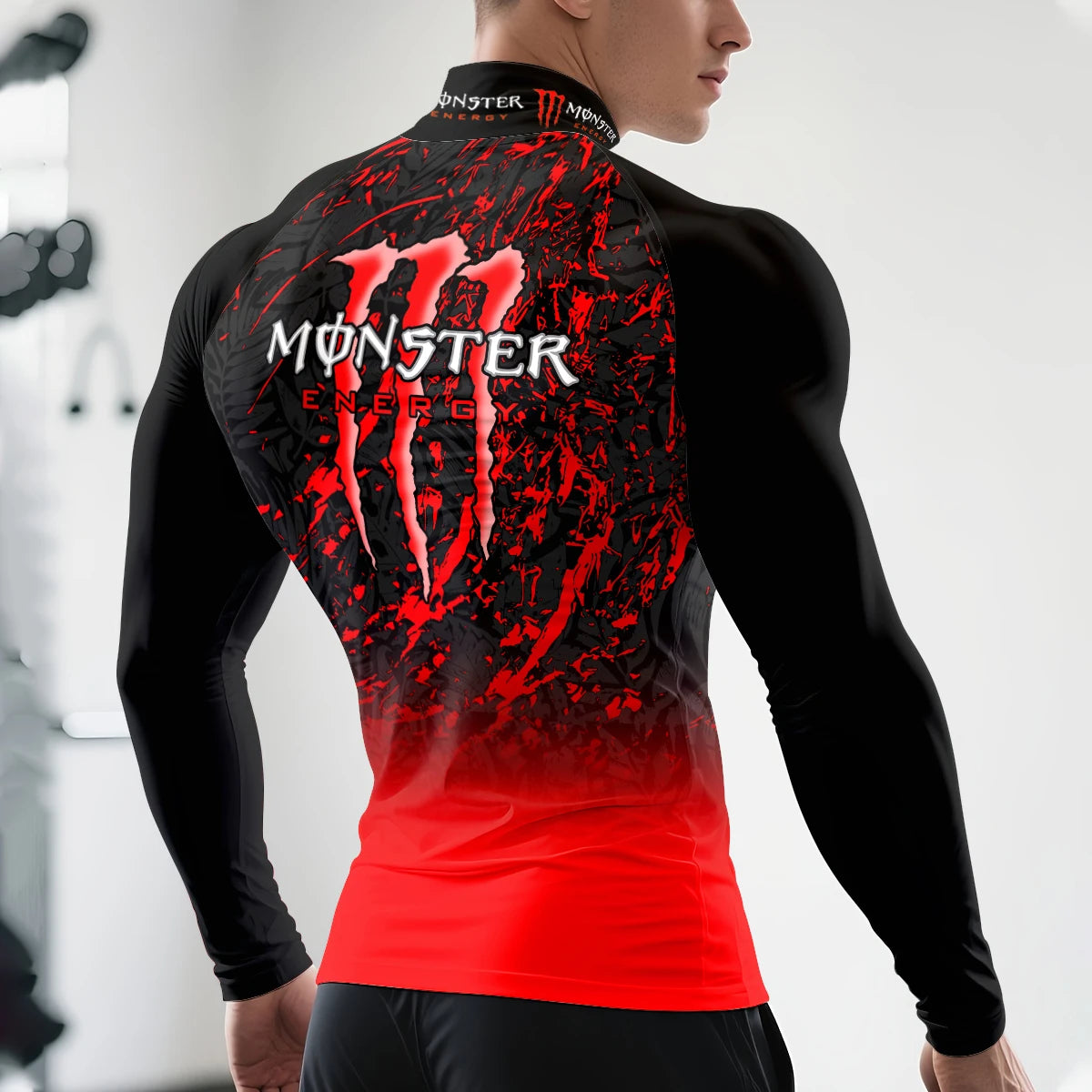 2025Monster Energy Men's Half High Neck Long Sleeve T-shirt Gradient Trend Cool Graffiti Street Vitality Personalized Fashion