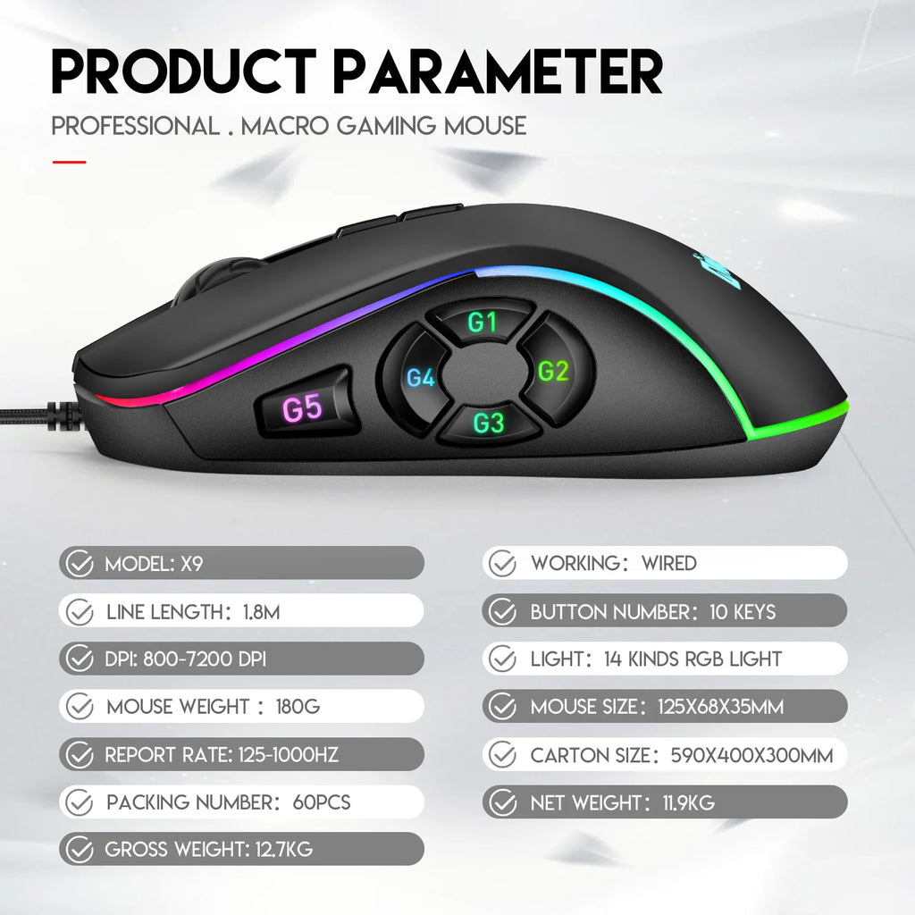 Wired Gaming Mouse with RGB Backlit, 7200 DPI Adjustable, Mouse with 10 Programmable Macro Buttons ,X9 Gaming Mouse