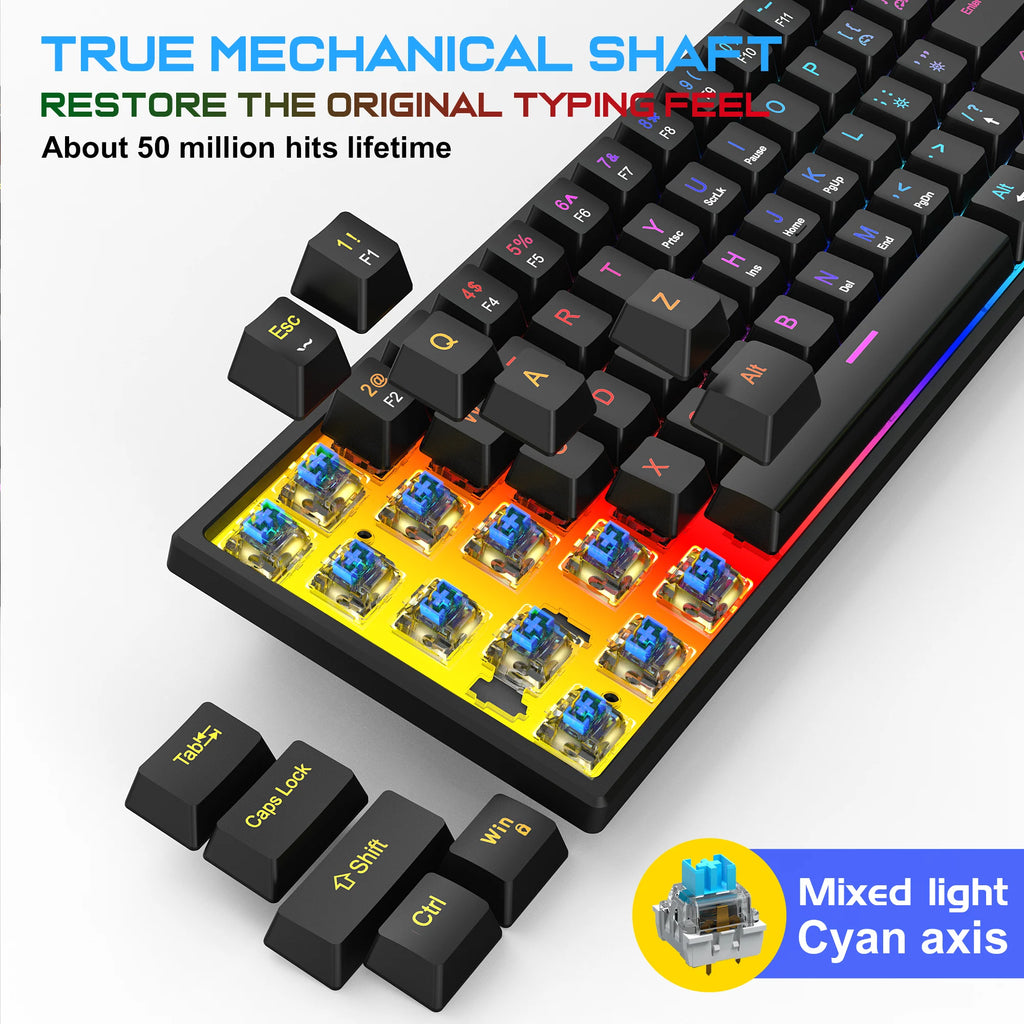 K61 Wired Cyan Axis Mechanical Keyboard RGB Colorful Backlit Ergonomic Design 61 Keys Mini Gaming Keyboard for PC Laptop Desktop