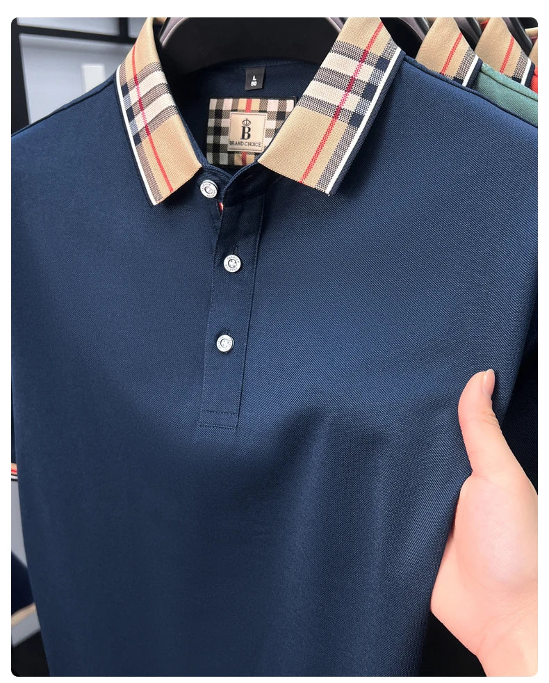 Luxury brand short sleeve polo shirt men's summer new silk cotton breathable fashion top casual business plaid lapel T-shirt
