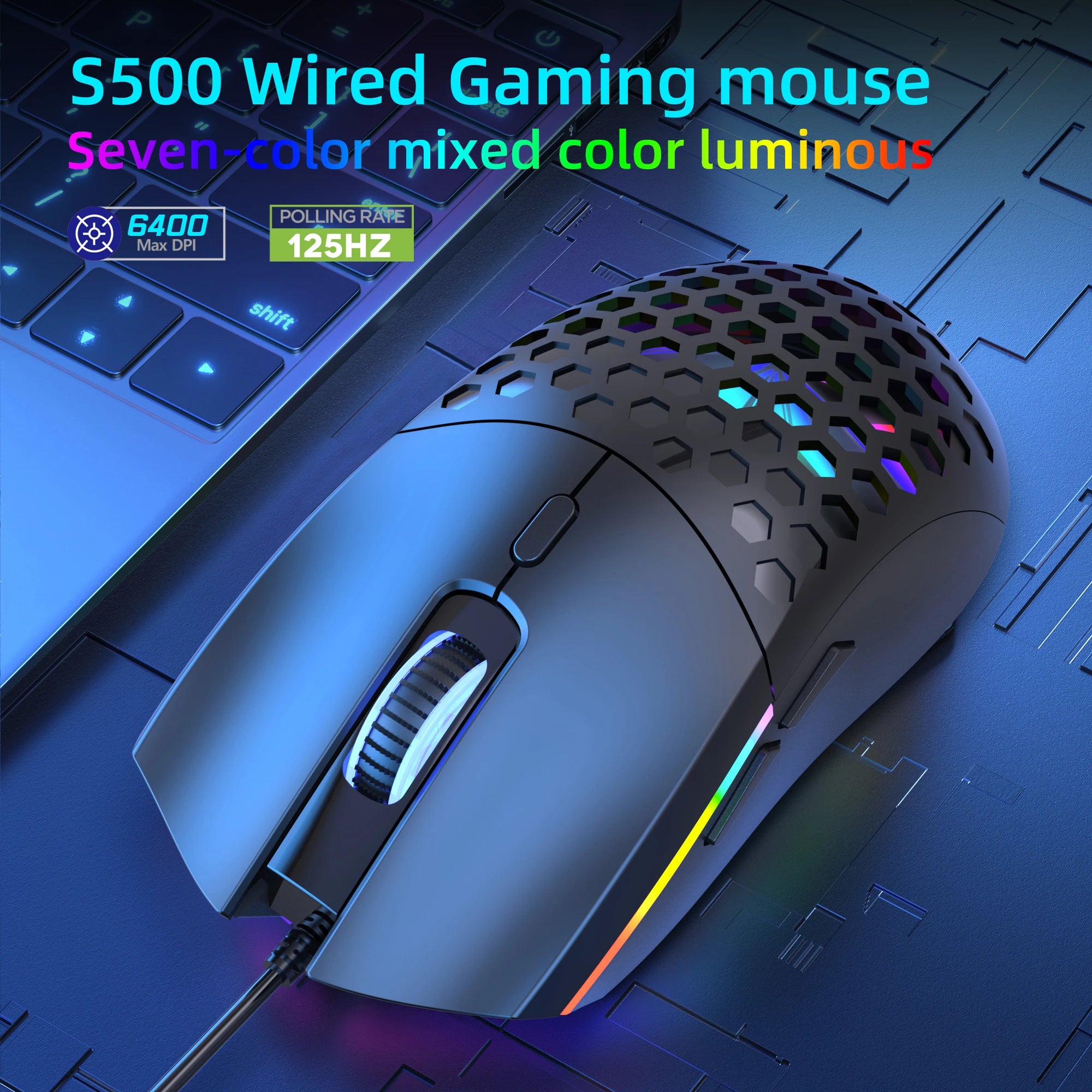 6 Keys Wired Gaming Mouse Honeycomb Hollow Design Colorful Backlight Adjustable 6400 DPI Mouse for Home office PC Gamer
