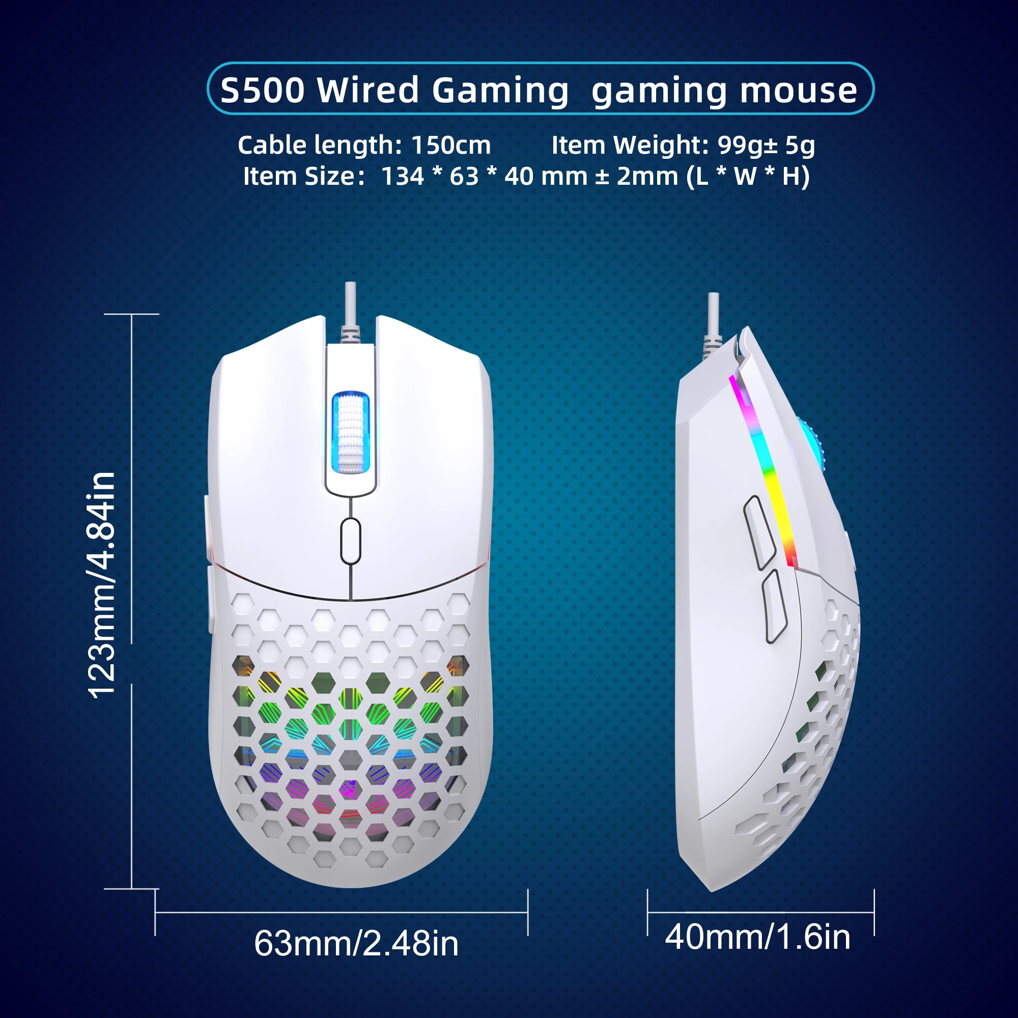 6 Keys Wired Gaming Mouse Honeycomb Hollow Design Colorful Backlight Adjustable 6400 DPI Mouse for Home office PC Gamer