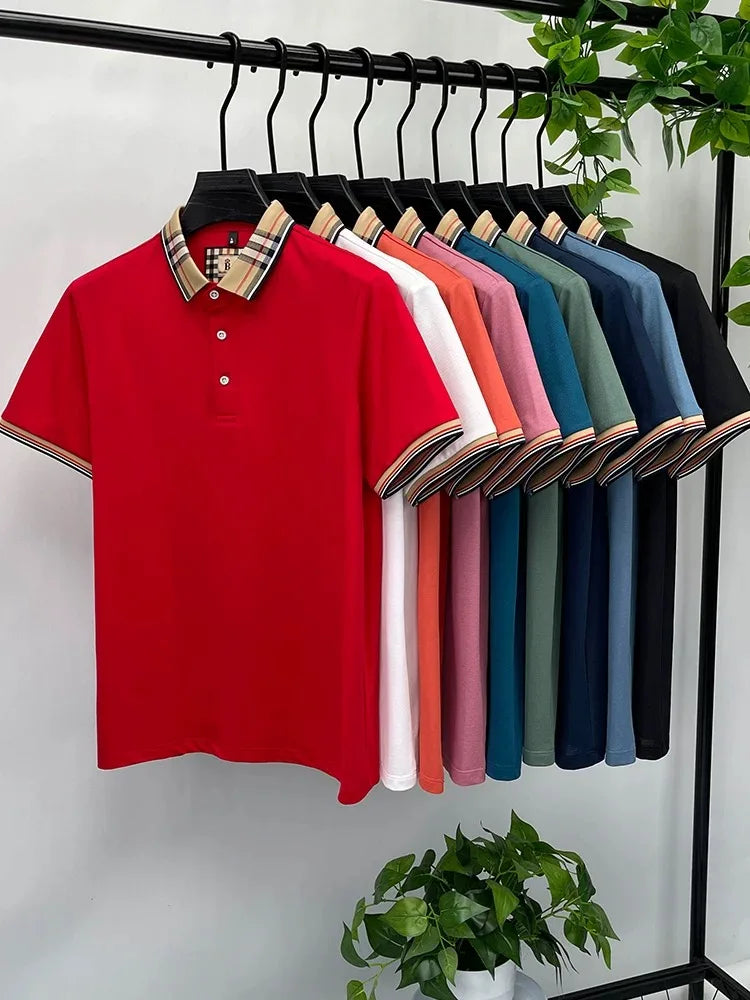 Luxury brand short sleeve polo shirt men's summer new silk cotton breathable fashion top casual business plaid lapel T-shirt