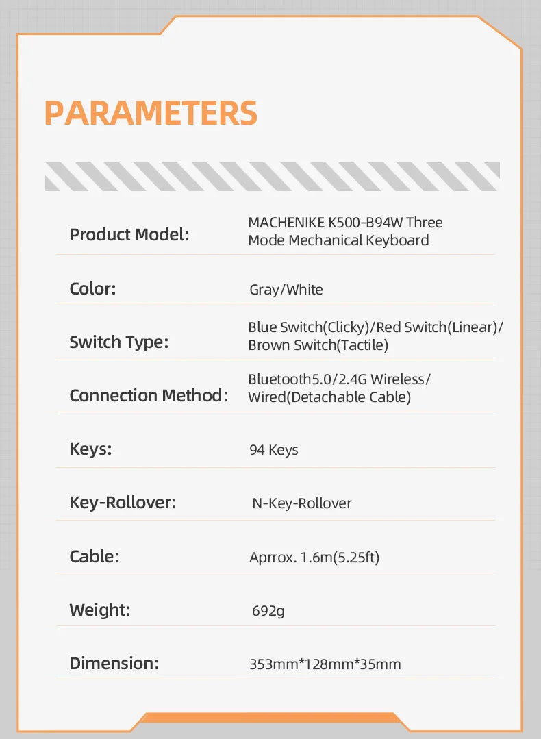 Machenike K500W Wireless Mechanical Keyboard Hot Swap Tri-mode 94 Keys RGB Backlit Gaming Keyboard for PC Gamer Laptop