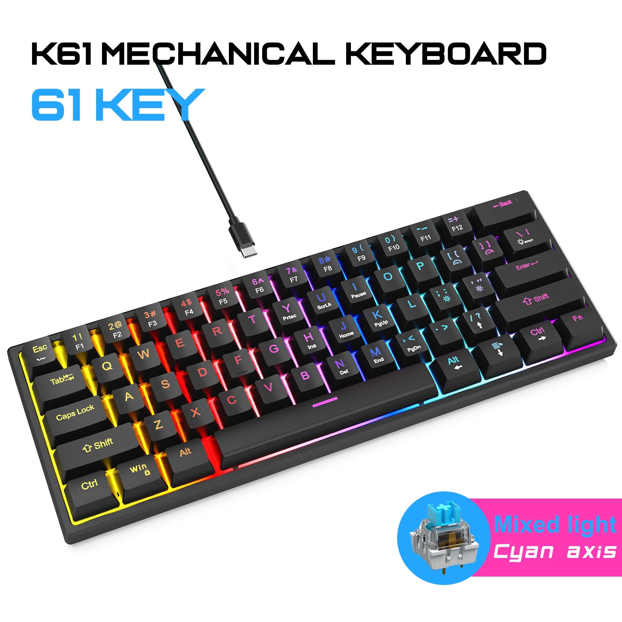 K61 Wired Cyan Axis Mechanical Keyboard RGB Colorful Backlit Ergonomic Design 61 Keys Mini Gaming Keyboard for PC Laptop Desktop