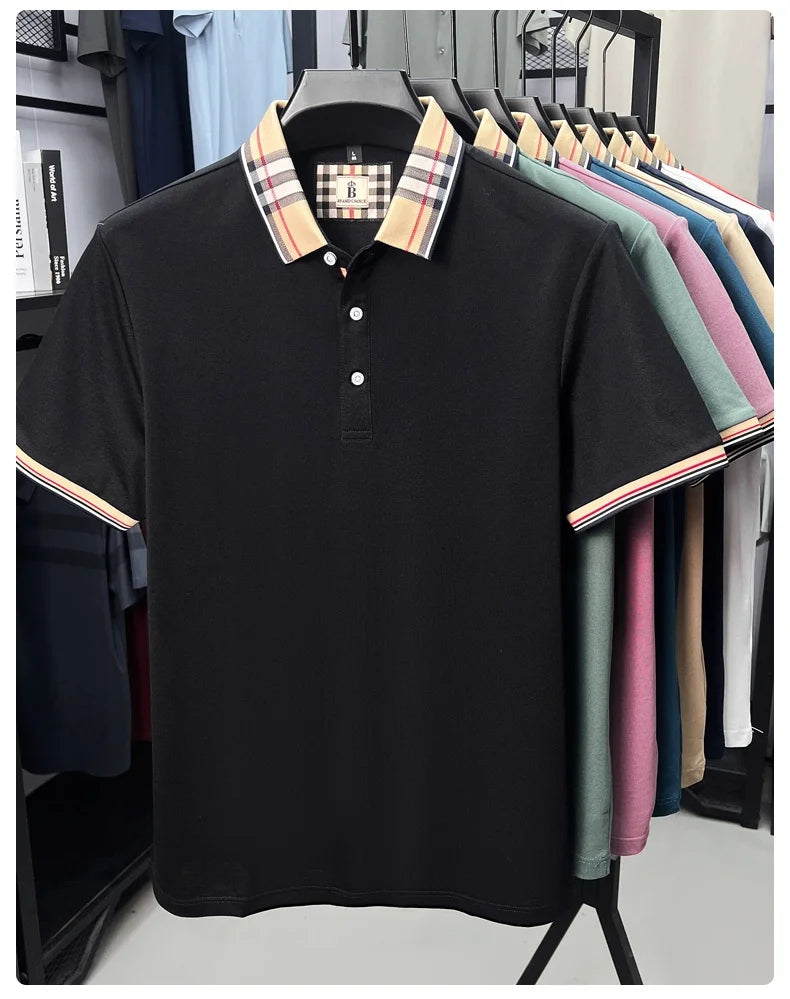 Luxury brand short sleeve polo shirt men's summer new silk cotton breathable fashion top casual business plaid lapel T-shirt