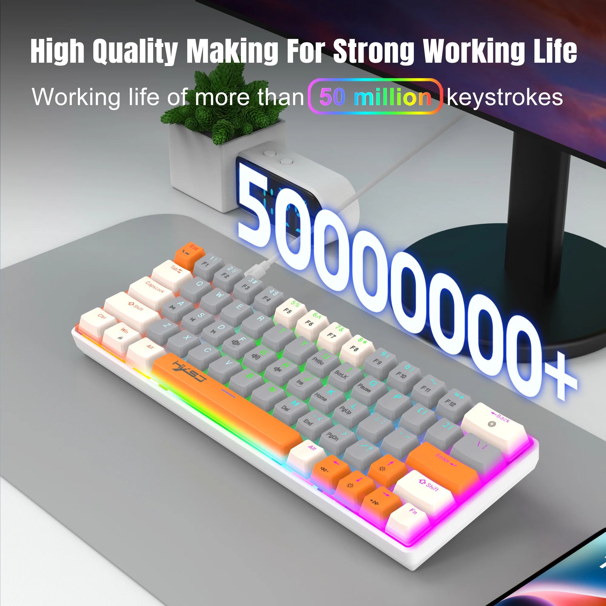 Portable 60% Mechanical Gaming Keyboard,63 Keys With Red Switch Backlit Compact Mini Wired Office Keyboard