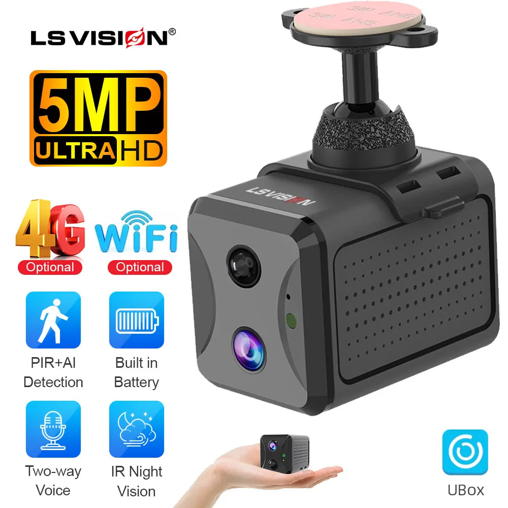 LS VISION 5MP 4G Mini CCTV Camera Wirelsess Indoor WiFi PIR Human Detection Night Vision Built-in Battery Surveillance Cameras