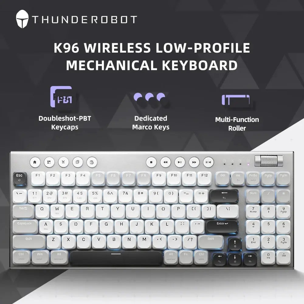 THUNDEROBOT K96 Wireless Mechanical Keyboard Low-profile Productivity Keyboard 98 Keys with Roller Marco Keys PBT Keycaps For PC
