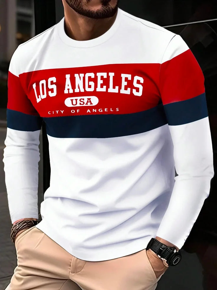 2025 New Men's Casual Trend Long Sleeve T-Shirt Breathable Quick Drying Comfortable Sports Soft Men's USA Printed Long Sleeve